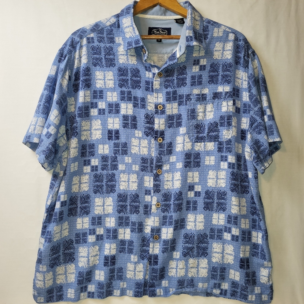 Nat Nast Silk Cotton Hawaiian Shirt Men's Size XL Blue White Print